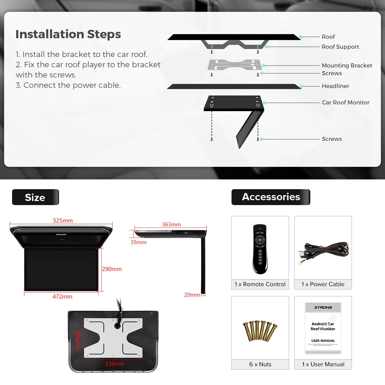 XTRONS Android Car Overhead Player 19.5 Inch Octa Core Car Roof Mount Monitor Wide IPS Screen 8K Video Built-in Stereo Speakers Flip Down Overhead Car Monitor Support 4G WiFi HDMI Input USB RCA Input