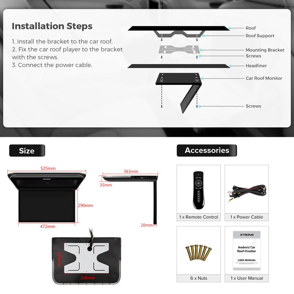 XTRONS Android Car Overhead Player 19.5 Inch Octa Core Car Roof Mount Monitor Wide IPS Screen 8K Video Built-in Stereo Speakers Flip Down Overhead Car Monitor Support 4G WiFi HDMI Input USB RCA Input