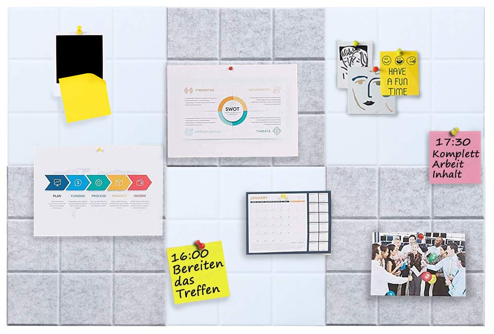 Uoisaiko Large 30x30cm Felt Board Tiles with 30 Pins, Pack of 6 Bulletin Board Notice Boards for Home Office Kitchen, Self Adhesive Pin Board Wall Tiles for Photos Memos