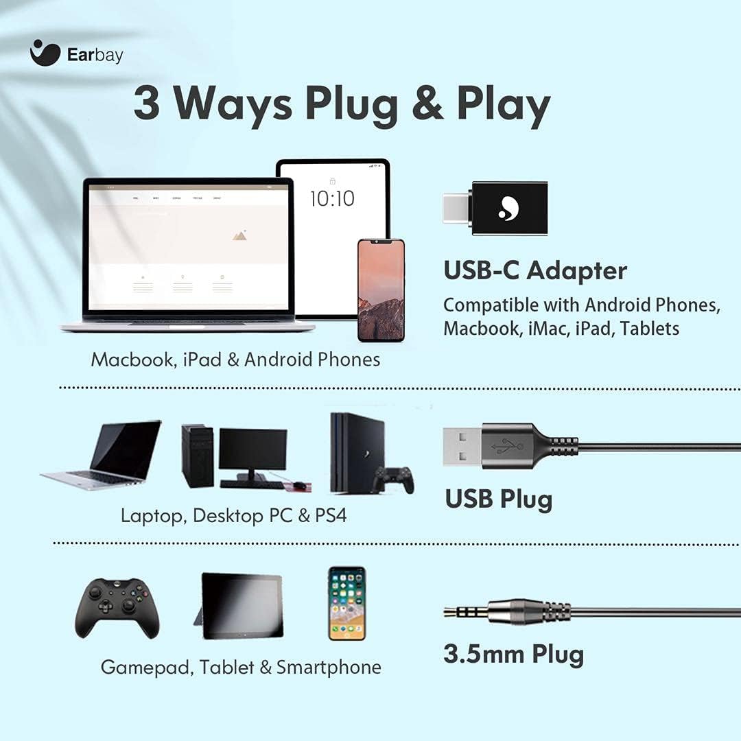 Earbay USB Headset With Microphone For Laptop, PC Headphones With Mic Noise Cancelling, Computer Headsets With In-Line Volume Control & Mute, Compatible with Ms teams, Zoom, Webex, Office, Home
