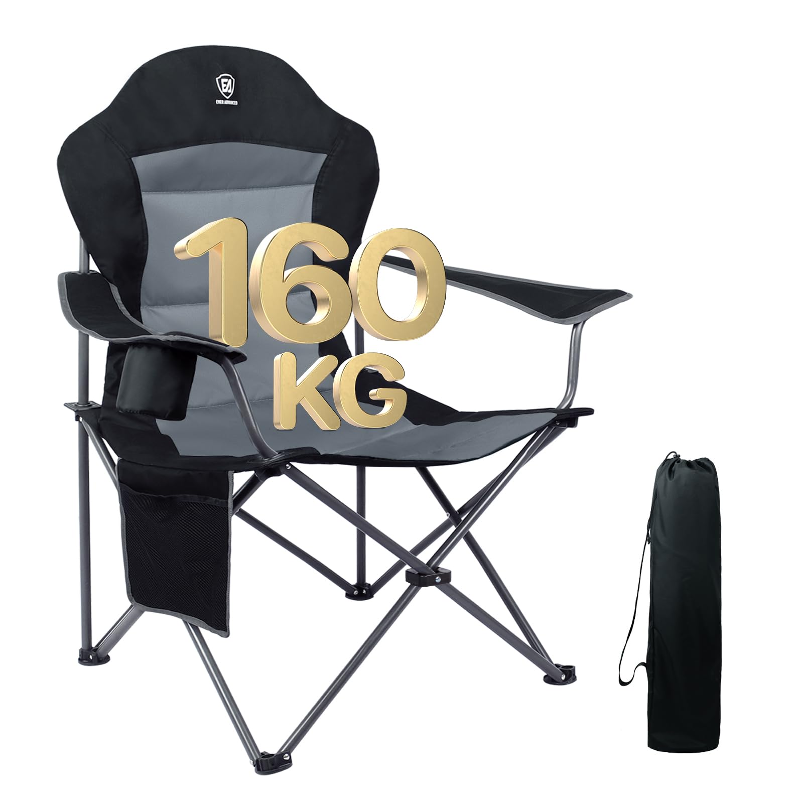 EVER ADVANCED Camping Chairs for Adults Heavy Duty Folding Chair Up to 160kg Oversized with High Back & Cup Holder & Side Pocket Comfy Camp Fold Up Chair