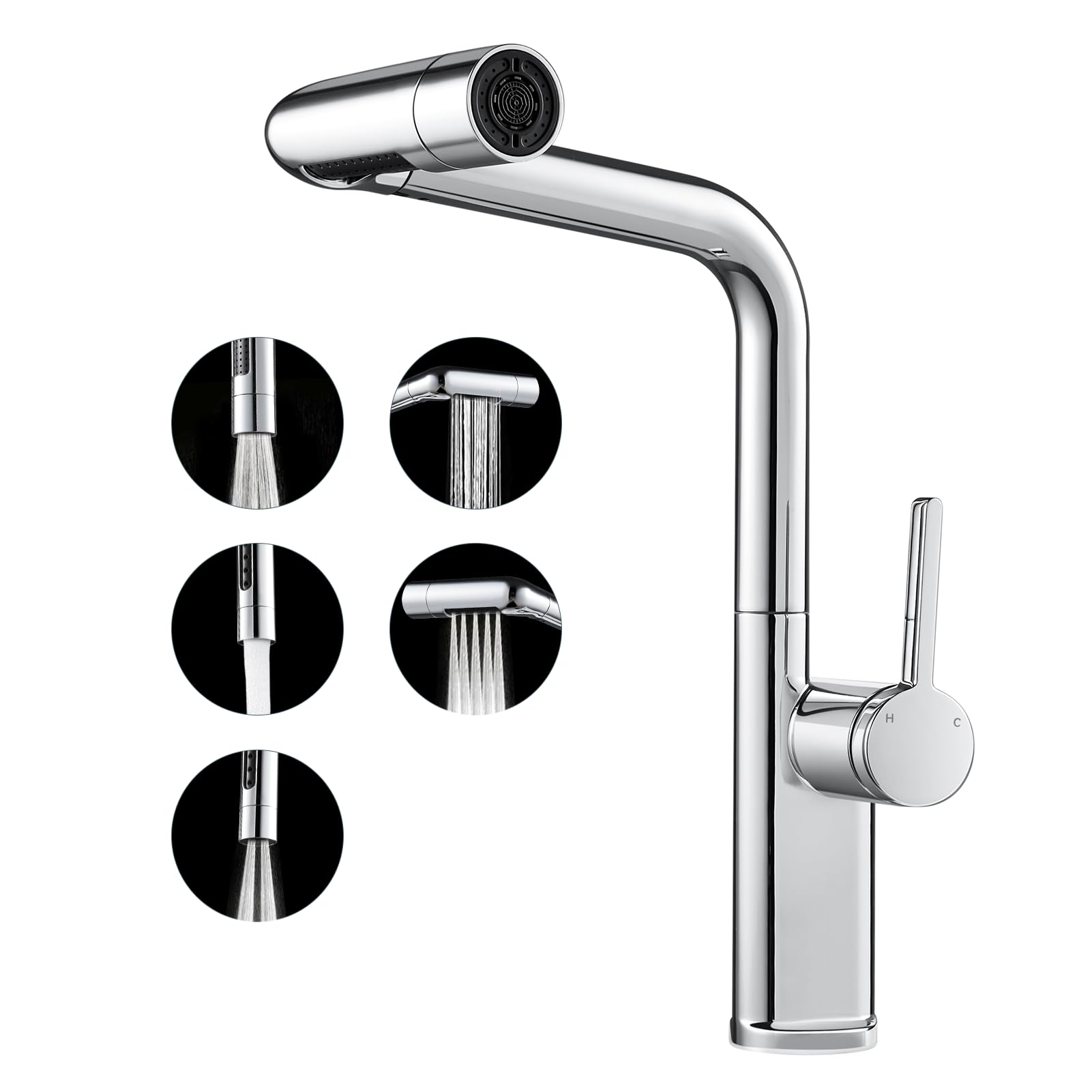 Warmiehomy 5 Modes Kitchen Taps Mixer with Pull Out Spray,High Arc 360° Swivel Dual Spout Pull Down Stainless Steel Kitchen Sink Taps,Brushed Nickel