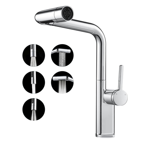 Warmiehomy 5 Modes Kitchen Taps Mixer with Pull Out Spray,High Arc 360° Swivel Dual Spout Pull Down Stainless Steel Kitchen Sink Taps,Brushed Nickel