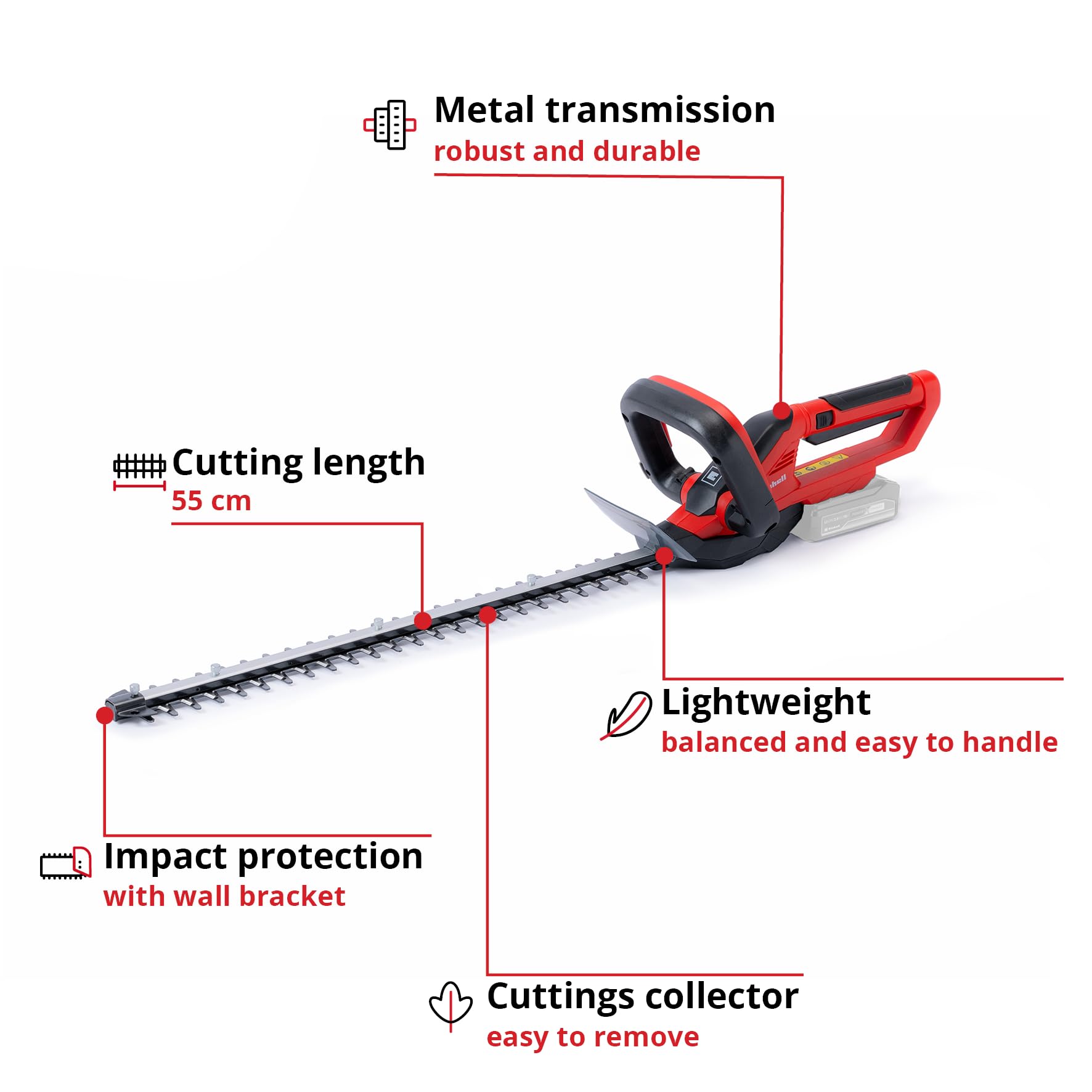 Einhell Power X-Change 18V Cordless Hedge Trimmer - 55cm (22 Inch) Cutting Length, Laser-Cut Diamond-Ground Steel Blades - GE-CH 1855/1 Li Electric