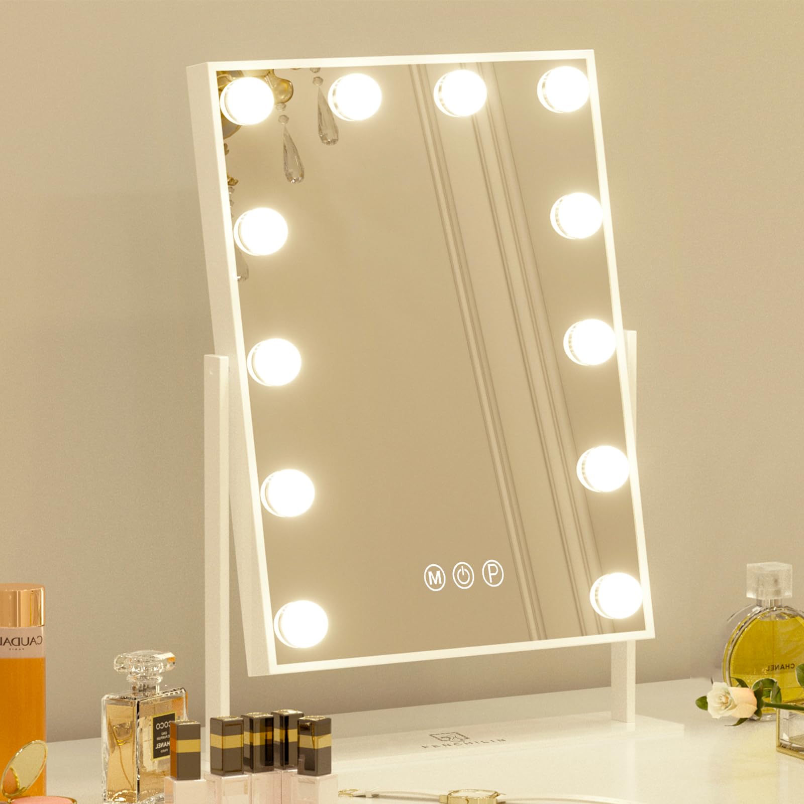 FENCHILIN Vanity Mirror with Lights Makeup Mirror with Lights 12 LED Bulbs Lighted Hollywood Mirror Light up Vanity Mirror 360 Rotation 3 Color
