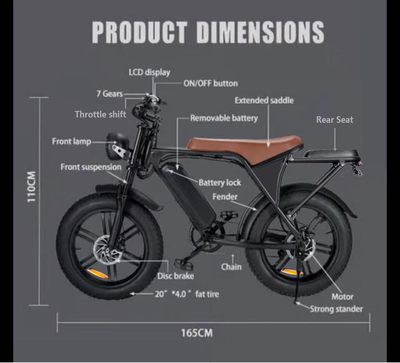 20” Electric Bike, 20 Inch E Bike, Hybrid Bike, Adult Bicycle, 48V 15AH Battery, Brushless Motor, LCD Display, 7 Gear, Rear Seat, Throttle, Suspension, Disc Brakes, Headlight, Indicators, New