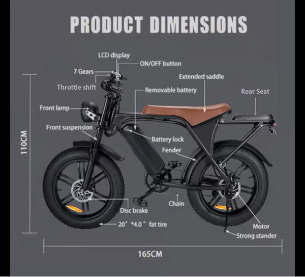 20” Electric Bike, 20 Inch E Bike, Hybrid Bike, Adult Bicycle, 48V 15AH Battery, Brushless Motor, LCD Display, 7 Gear, Rear Seat, Throttle, Suspension, Disc Brakes, Headlight, Indicators, New