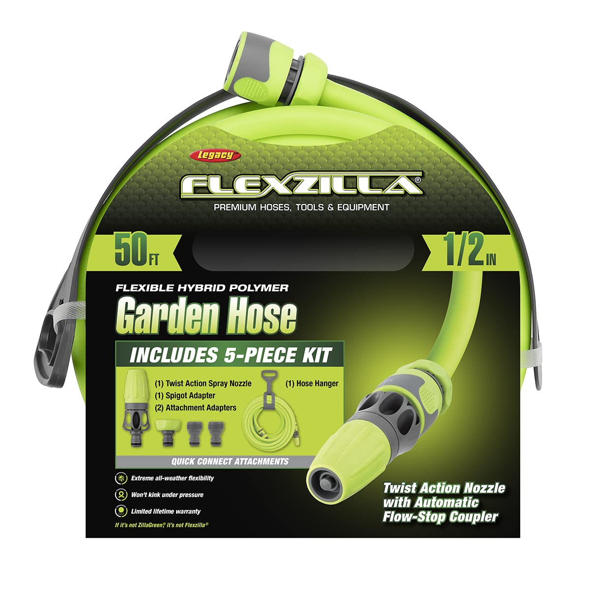 Flexzilla Garden Hose Kit with Quick Connect Attachements, 1/2 in. x 50 ft., Heavy Duty, Lightweight, Drinking Water Safe - HFZG12050QN