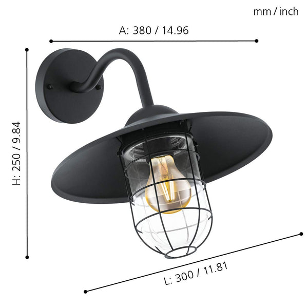 Eglo Melgoa Outdoor Wall Light, Black Galvanized Steel and Clear Glass Lantern, Porch Lamp, E27 Socket, IP44