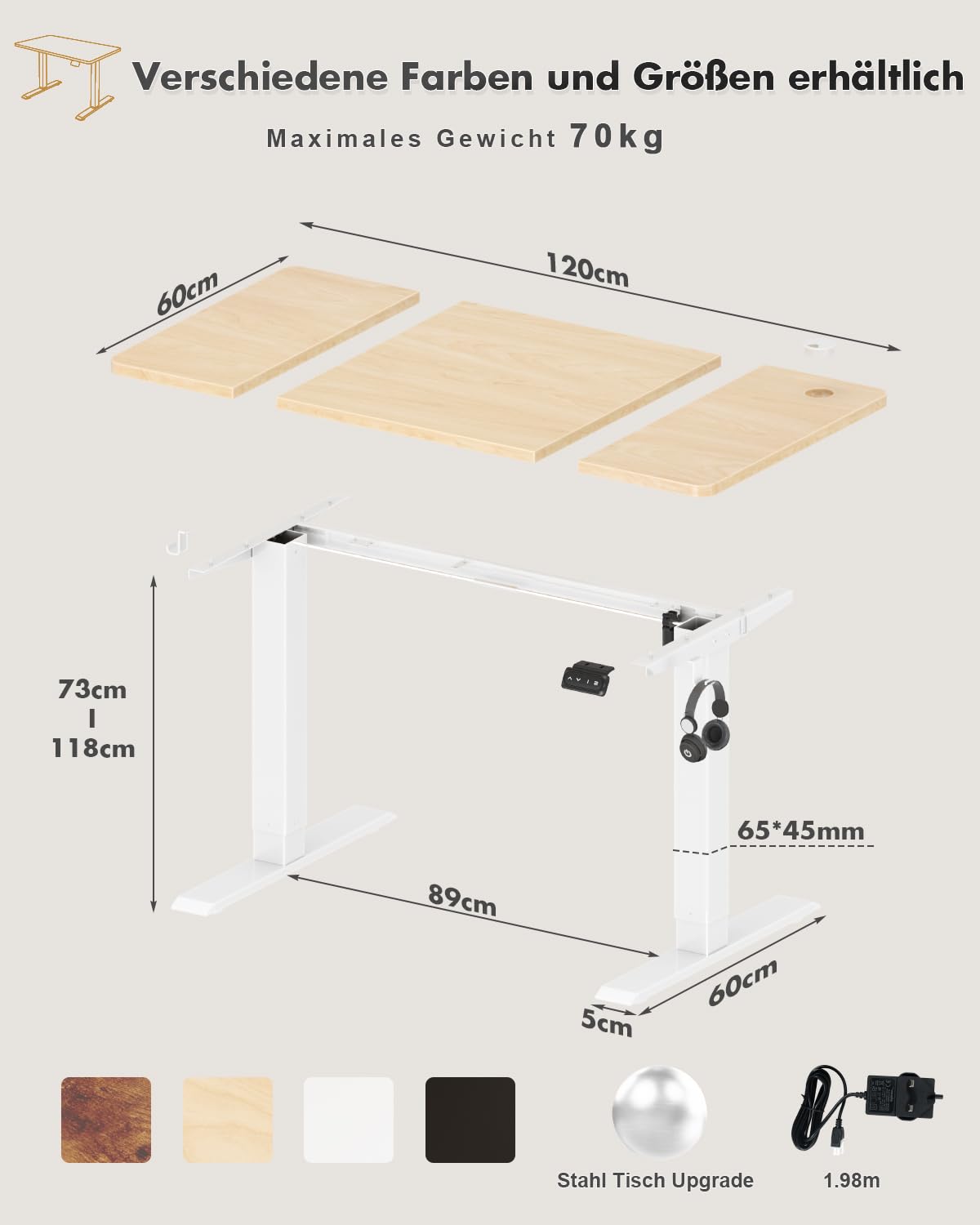 Devoko Electric Standing Desk 120x60cm Sit Stand Table Height Adjustable with Backpack Hook and Memory Smart Pannel, Home Office, White