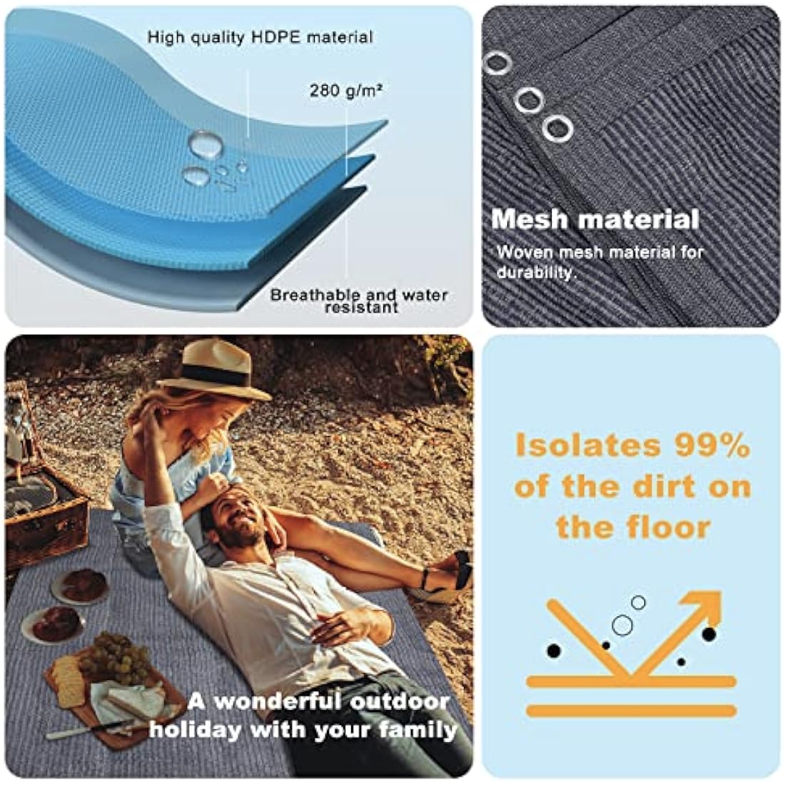 FoundGo Awning Carpet with Eyelets [280g/m² HDPE] Outdoor Camping Carpet Breathable Awning Flooring including Carrying Bag 8x pegs & Clothesline