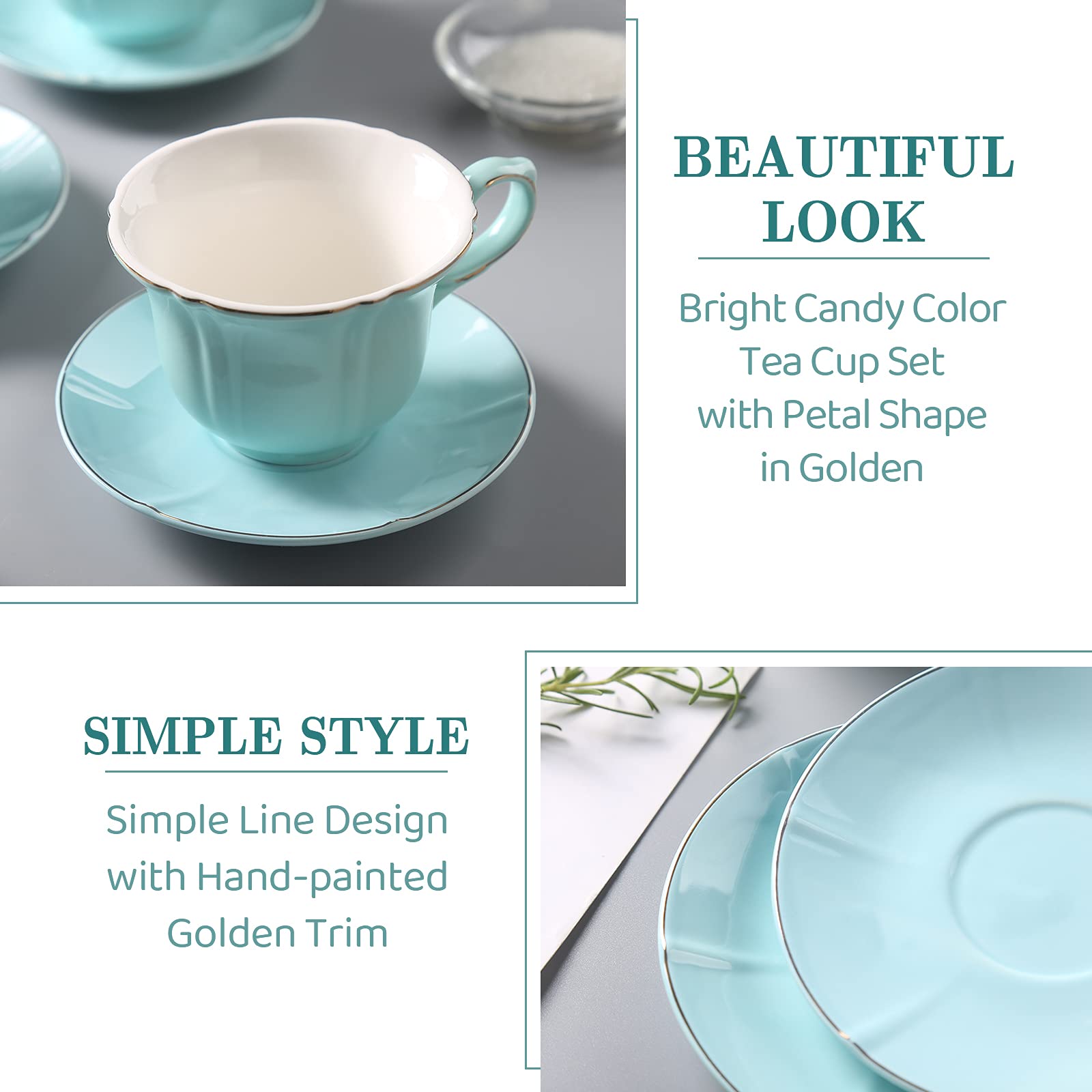 DUJUST Tea Cups and Saucers Set of 4 (8 OZ), Candy Color Tea Cup Set with Golden Trim, Petal Edge Coffee Cups with Metal Stand, Simple Style Porcelain