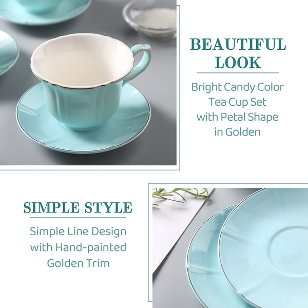 DUJUST Tea Cups and Saucers Set of 4 (8 OZ), Candy Color Tea Cup Set with Golden Trim, Petal Edge Coffee Cups with Metal Stand, Simple Style Porcelain