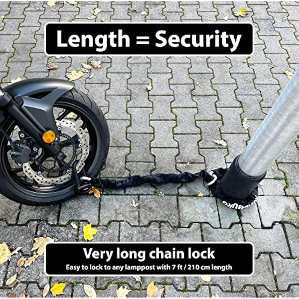 KOHLBURG 8kg Massive Motorcycle Security Chain Lock - 210cm Long Our Highest Security Level 10plus of 10 - Heavy Duty Steel Chain 0.5" as Motorcycle Lock Scooter & ebike Lock Sold Secure Diamond