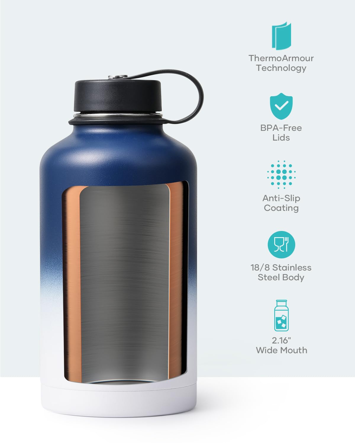 Stainless Steel Water Bottle 2L, BUZIO Vacuum Insulated Water Bottle with Straw Lid and Flex Cap Cold for 48 Hrs, Hot for 24 Hrs Double Wall Wide Mouth BPA Free Leak Proof, Black