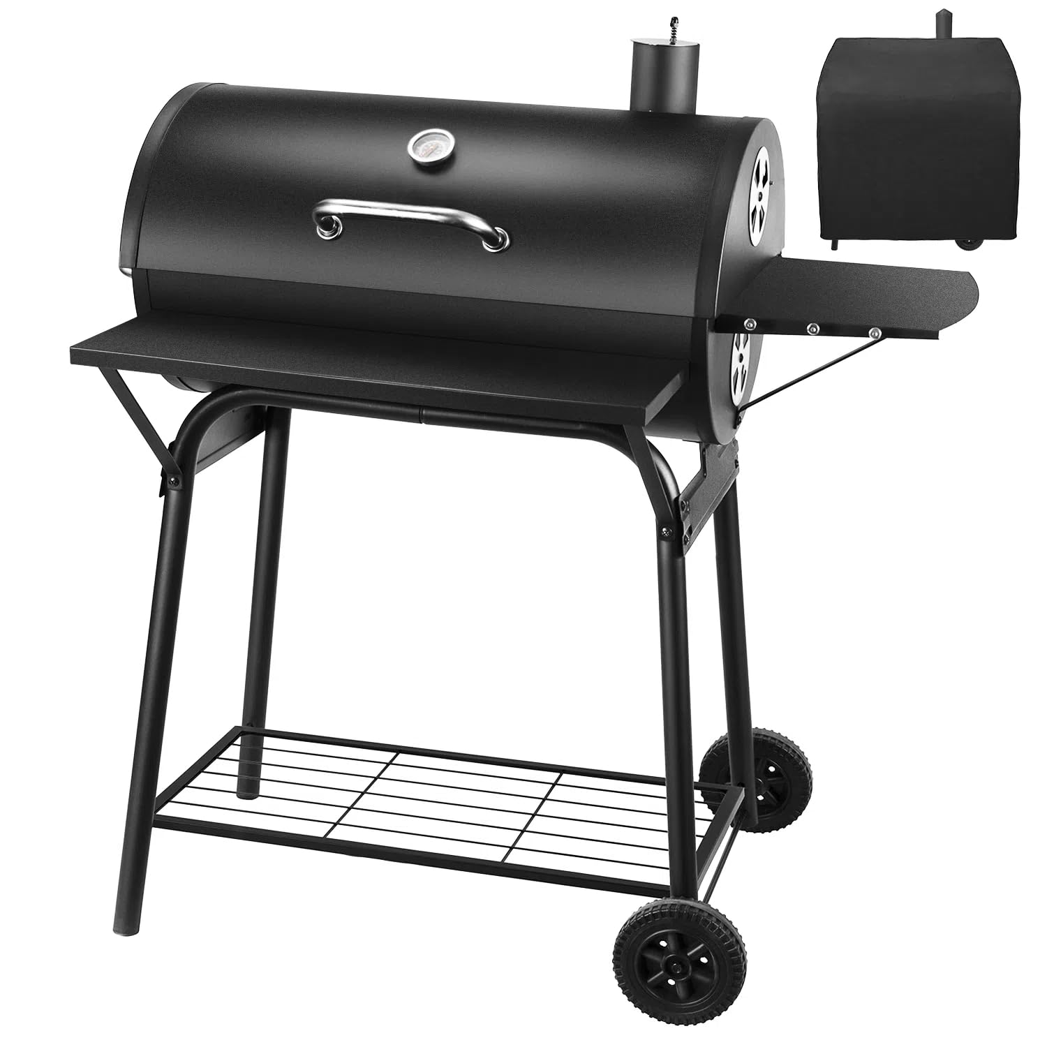 Charcoal BBQ Grill Smoker with Side Shelves, Portable Barrel Barbecue Grill Outdoor with Temperature Gauge, Warming Rack, Stainless Steel Racks, and Air Vents for Camping and Garden