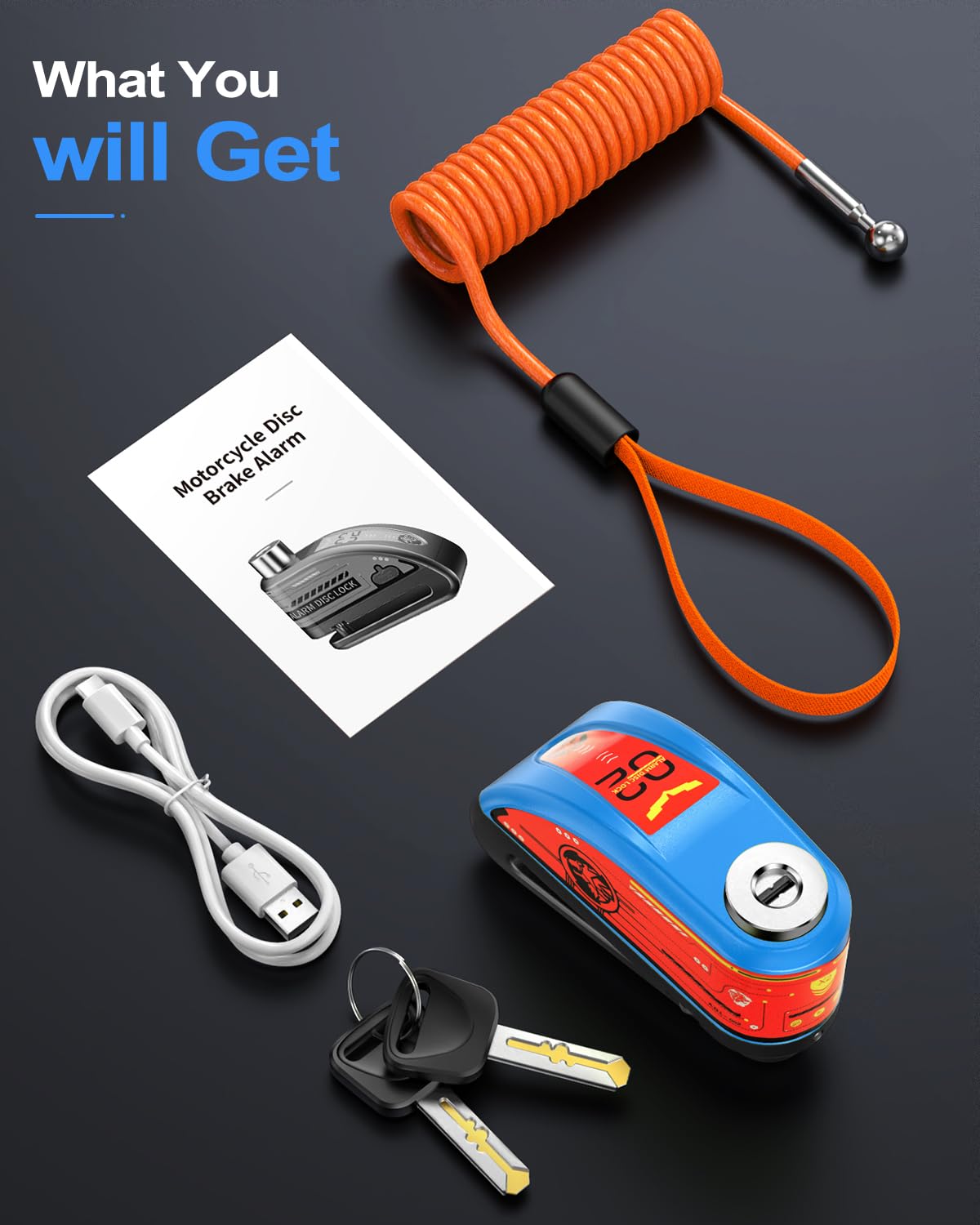 ZEXMTE Motorbike Disc Lock with Alarm, Rechargeable 120dB Anti-Theft Alarm with 5.9 FT Reminder Cable, Heavy-duty Motorcycles Locks Waterproof Disc Lock for Motorcycle, Bike, Scooter, E-Bike