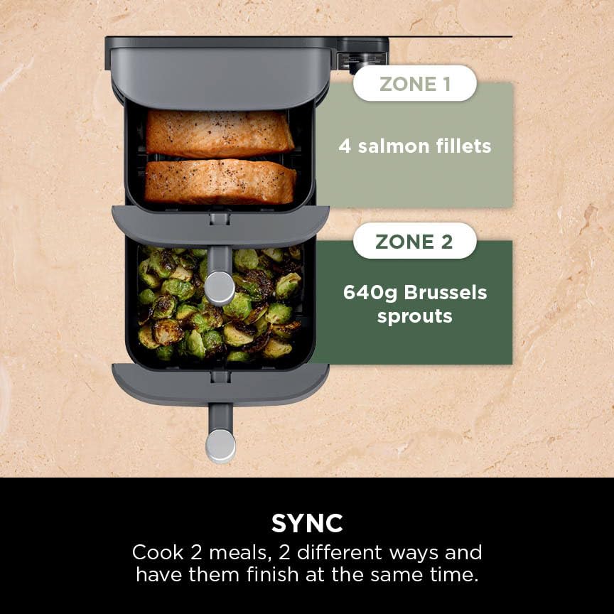 Ninja Double Stack XL Air Fryer, Vertical Dual Drawer AirFryer with 4 cooking levels, 2 Drawers and 2 Racks, Space Saving Design, 9.5L Capacity, 6 Cooking Functions, 8 Portions, Grey, SL400UK