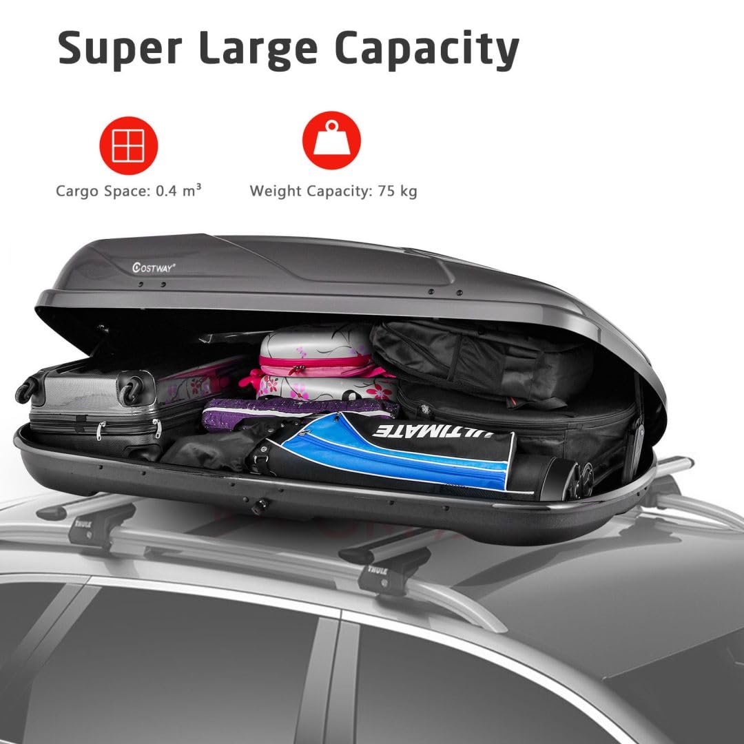 COSTWAY Car Roof Box, 400L Capacity Hard Roof Cargo Carrier with Security Keys & Dual Side Opening, Waterproof Rooftop Luggage Storage Box for Car, SUV, Van, Fits Most Cars (Black)