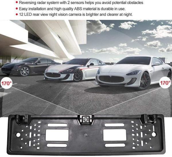 Tbest Car Frame with Backup Camera,ABS European License Plate Frame 12LED Camera Reversing Display Parking Sensor Car Accessories