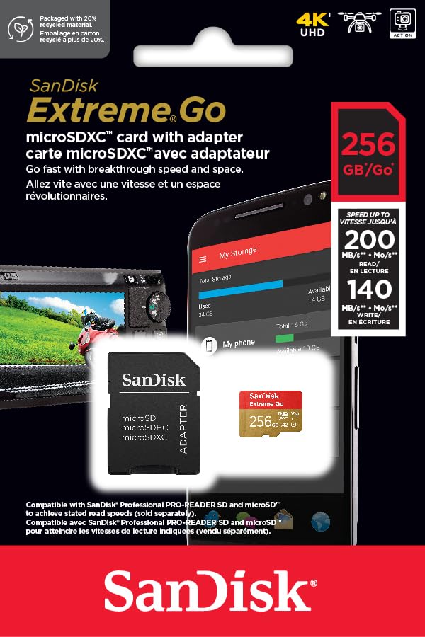 SanDisk 128GB Extreme microSDXC card +SD adapter, microSD card for smartphones, action cameras, drones, V30, up to 190 MB/s, SanDisk QuickFlow Technology, RescuePro Deluxe, UHS-I, 4k, V30, A2, U3