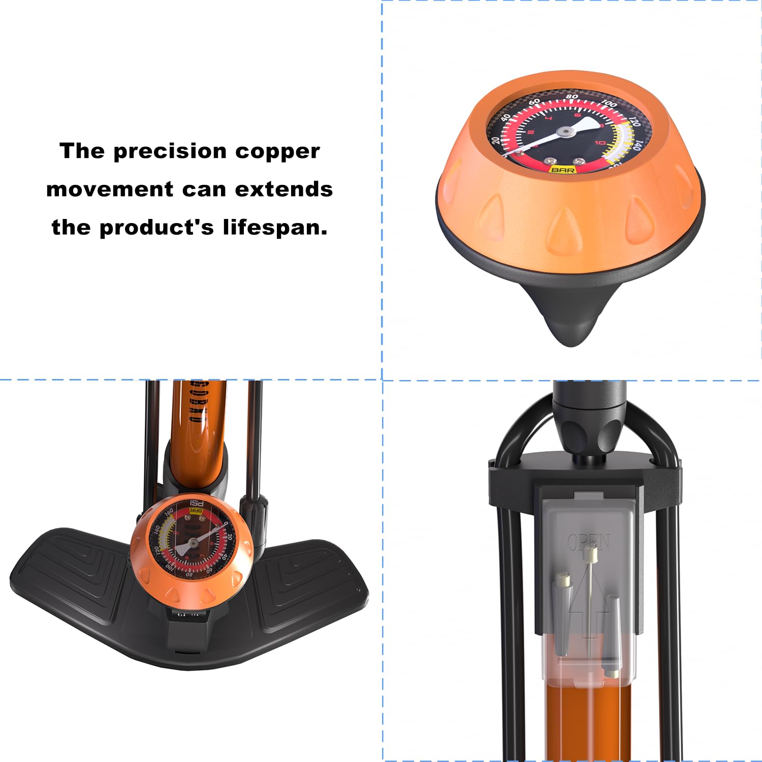 GOBKO Bike Pump Bicycle Floor Pump with Gauge, Bicycle Pumps with Presta and Schrader tire Pump multifunctional Air Pump for Road Bike MTB Sports Balls Pump High Pressure 160Psi &11Bar