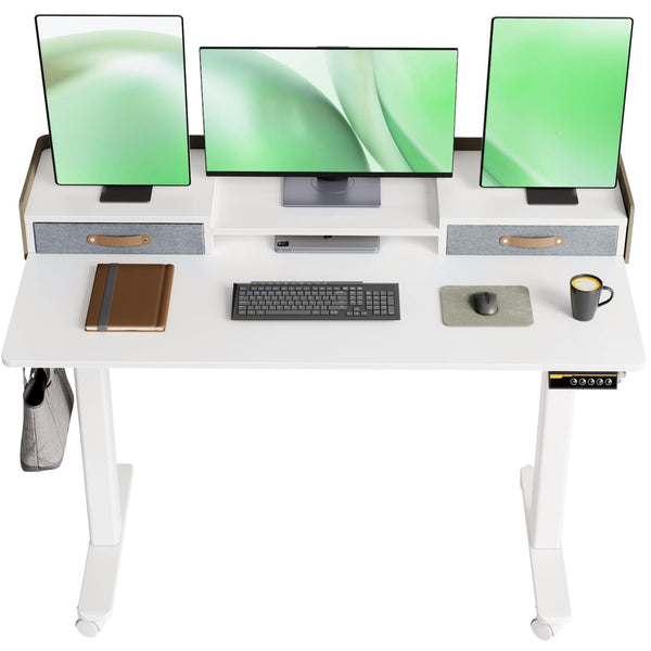 Claiks Electric Standing Desk with Drawers, 120x60cm Height Adjustable Desk with Storage Shelf and Splice Board, Stand Up Desk for Home Office, White Frame/Maple Top