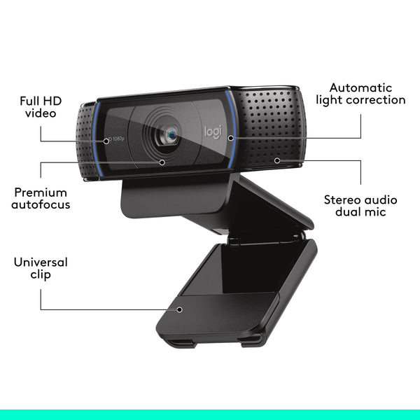 Logitech C920 HD Pro Webcam, Streaming, Full HD 1080p/30fps Video Calling, Clear Stereo Audio, HD Light Correction, Works with Skype, Zoom, FaceTime, Hangouts, PC/Mac/Laptop/Macbook/Tablet - Black
