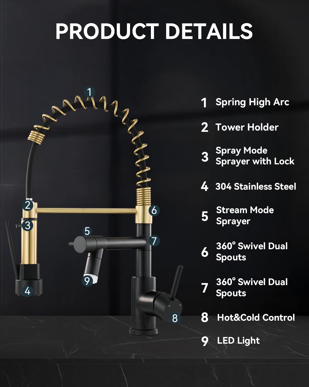 Warmiehomy 5 Modes Kitchen Taps Mixer with Pull Out Spray,High Arc 360° Swivel Dual Spout Pull Down Stainless Steel Kitchen Sink Taps,Brushed Nickel