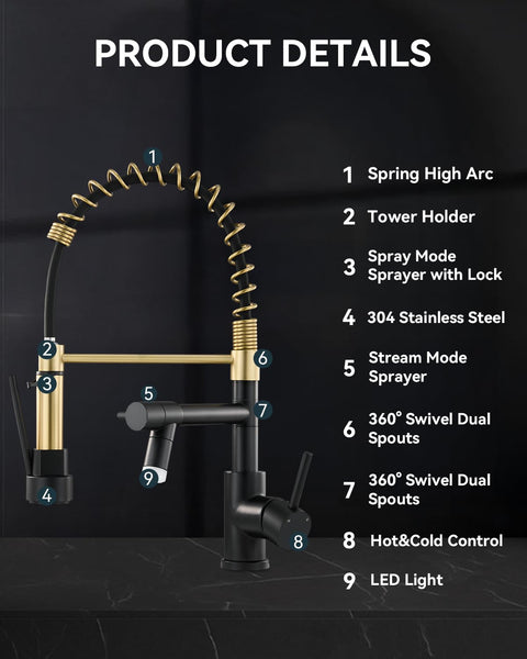 Warmiehomy 5 Modes Kitchen Taps Mixer with Pull Out Spray,High Arc 360° Swivel Dual Spout Pull Down Stainless Steel Kitchen Sink Taps,Brushed Nickel