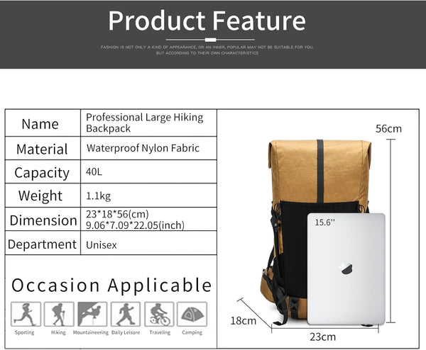 POWER KING 40L Expandable TO 50L Hiking Backpack,Upgraded X-PAC Scratch-proof Lightweight Large Rucksack for Mens Women, Outdoor Roll Top Camping Packsack, Fit for 15.6'' Laptop