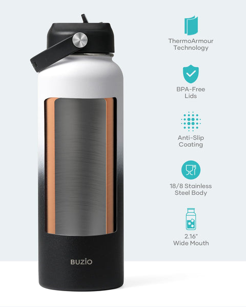 Stainless Steel Water Bottle 2L, BUZIO Vacuum Insulated Water Bottle with Straw Lid and Flex Cap Cold for 48 Hrs, Hot for 24 Hrs Double Wall Wide Mouth BPA Free Leak Proof, Black