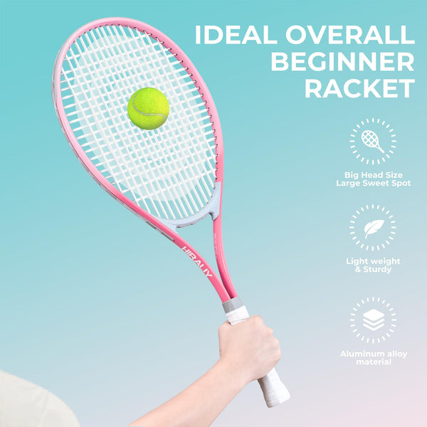 HIRALIY 27" Tennis Rackets Set of 2, 3 Tennis Balls, 2 Racquets, 2 Overgrip Tapes and 1 Carrying Bag Outdoor Recreational Sport Game (Pink/Green)