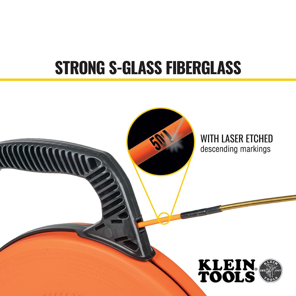 KLEIN TOOLS 56382 Fish Tape, Multi-Groove Fiberglass Wire Puller with Nylon Tip, Optimized Housing and Handle,Orange/Black, 15 m