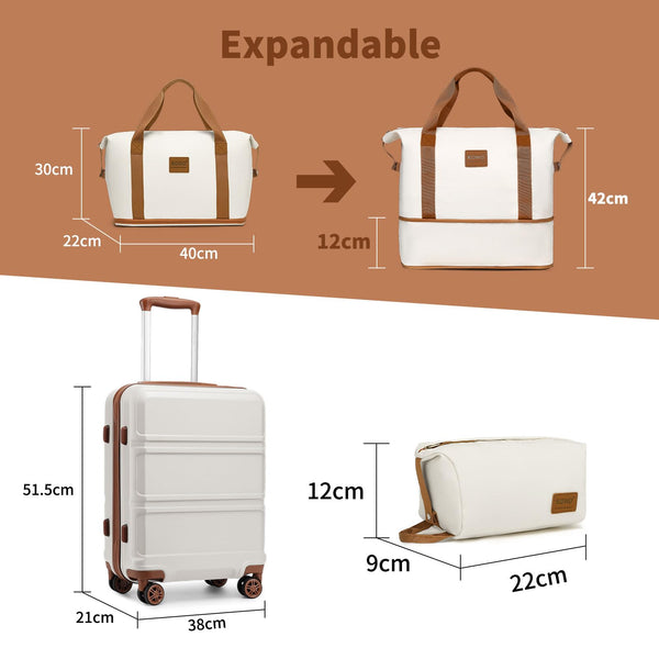 Kono Travel Luggage Sets of 6 Piece Lightweight ABS Hard Shell Trolley Case with TSA Combination Lock 20" 24" 28" Suitcase + 12" Beauty Case + Duffel Bag & Toiletry Bag (Cream White)