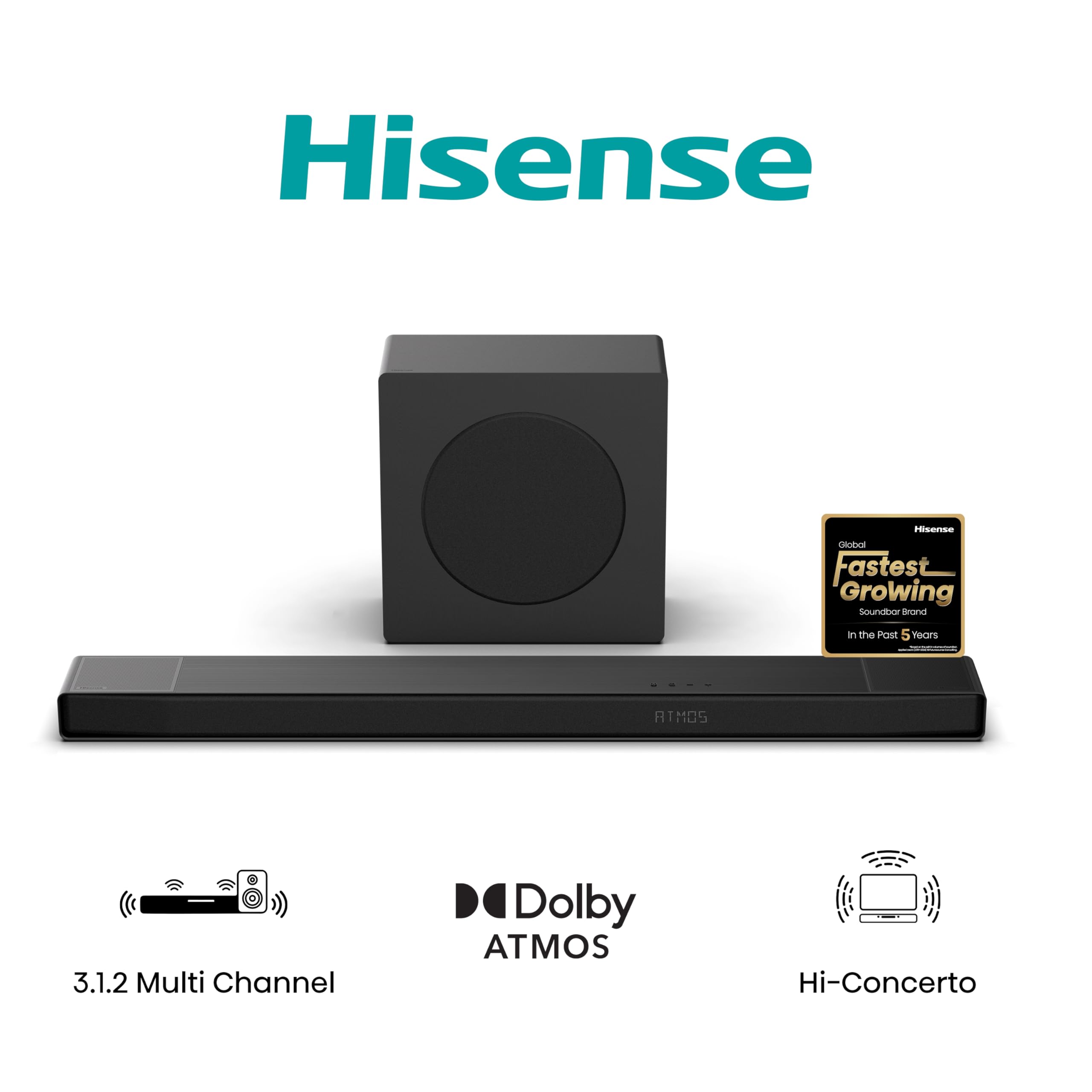 Hisense AX5125H 5.1.2 Channel 500W Dolby Atmos Soundbar with Wireless Subwoofer& Up Firing Speakers& Turly Wireless Rear Speakers