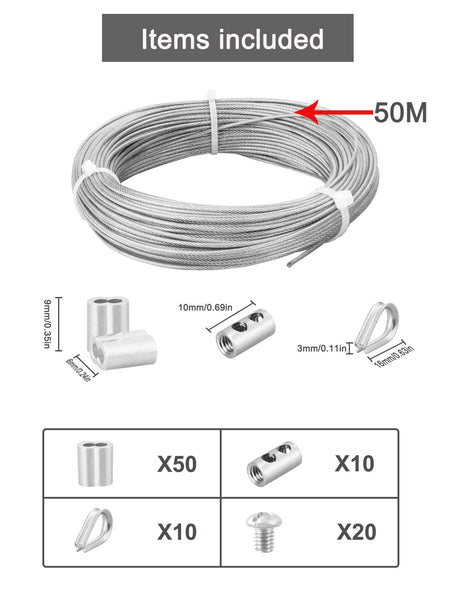 Abimars Wire Rope 2mm, 6m Stainless Steel Garden Wire Rope Cable with Crimping Aluminum, 7x7 Strand Core Metal Cable Wire Rope for Fence, Picture Hanging,Clothes Line
