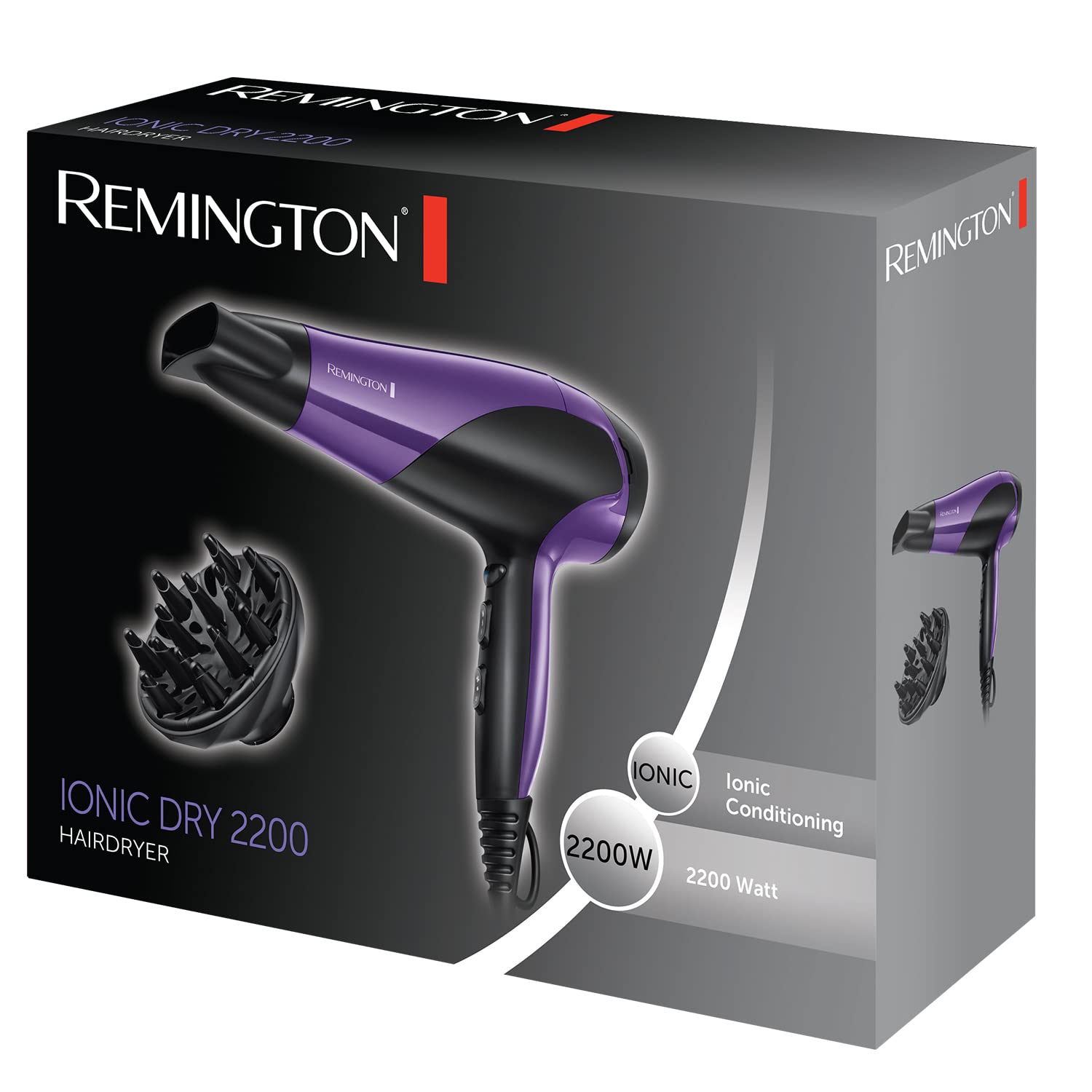 Remington Hair Dryer Ionic (Powerful, Fast Professional Styling, Diffuser, Concentrator, Ionic Conditioning for Frizz Free Hair, 3 Heat / 2 Speed Settings, Cool Shot, 2200W, Purple) D3190