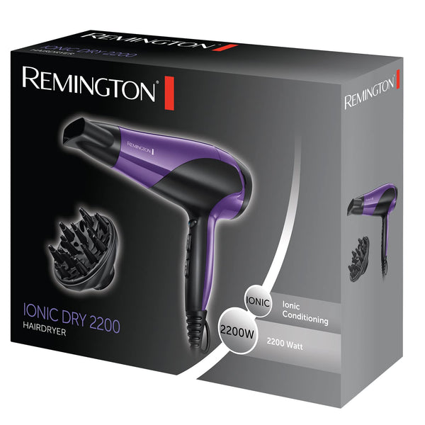 Remington Hair Dryer Ionic (Powerful, Fast Professional Styling, Diffuser, Concentrator, Ionic Conditioning for Frizz Free Hair, 3 Heat / 2 Speed Settings, Cool Shot, 2200W, Purple) D3190