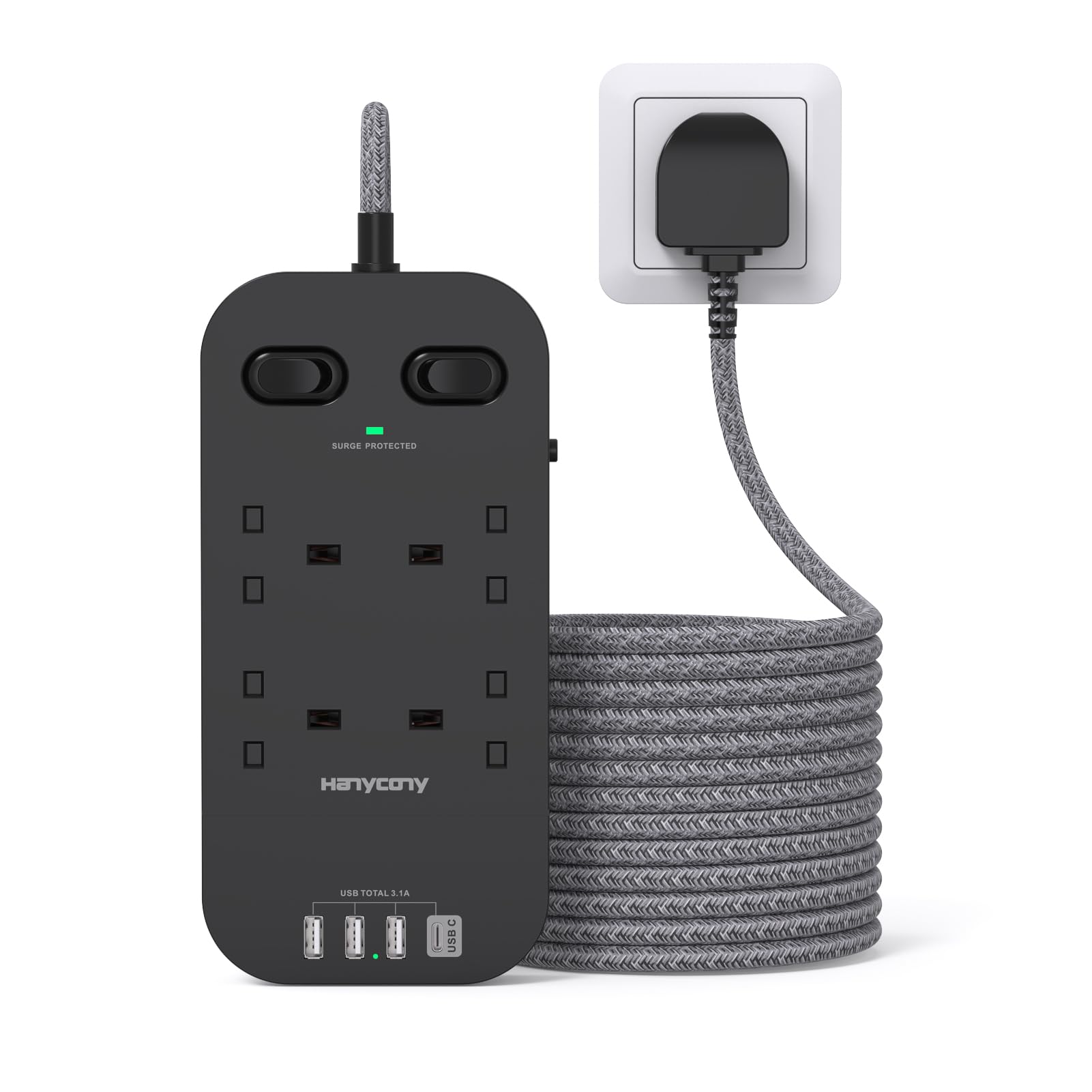 4 Way Surge Protected Extension Lead with USB Slots, HANYCONY Extension Cable with Double Switches, Plug Extension Socket 1.8M Braided Extension Cord for Home Office Accessories, Gray