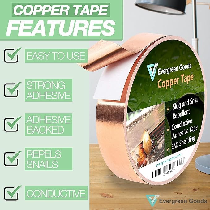 EVG 24mm x 12m Copper Slug Tape | Adhesive Copper Slug Snail Repellent | Slug Deterrent Barrier Tape | Humane Pest Control (6 Roll)