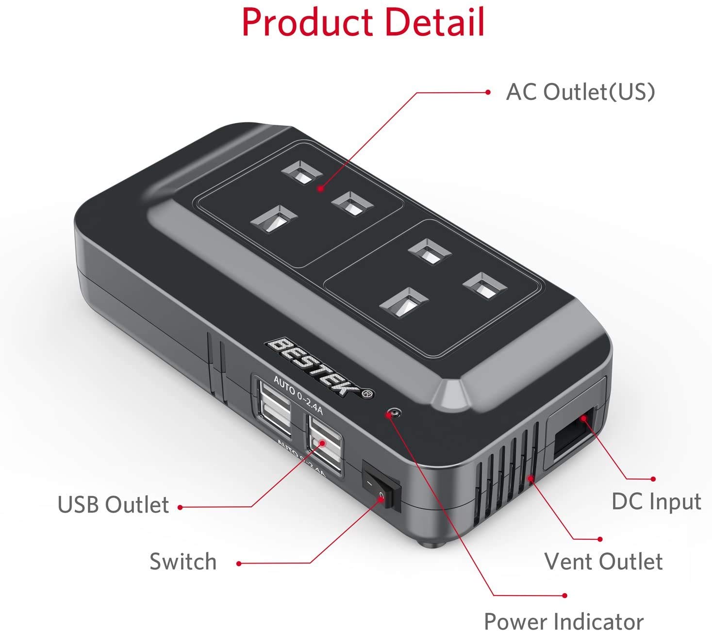 BESTEK 200W Power Inverter DC 12V to AC 230V 240V Dual Socket Car Voltage Converter Transformer with 4 USB Car Charger