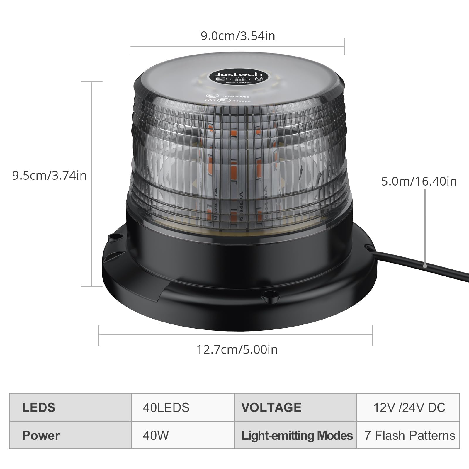 Justech 12/24V 40W 40 LED Flashing Beacon Light Emergency Warning Strobe Light Amber Strobe Lights 7 Flash Modes Waterproof with Magnetic Base for Truck Vehicle