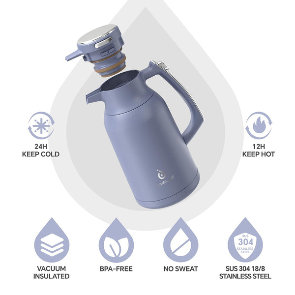 IDEUS Vacuum Insulated Coffee Carafe, 68 oz (2 Liters) Stainless Steel Milk Jug Thermal Tea Pot Hot & Cold Water Beverage Dispenser (Ocean Blue)