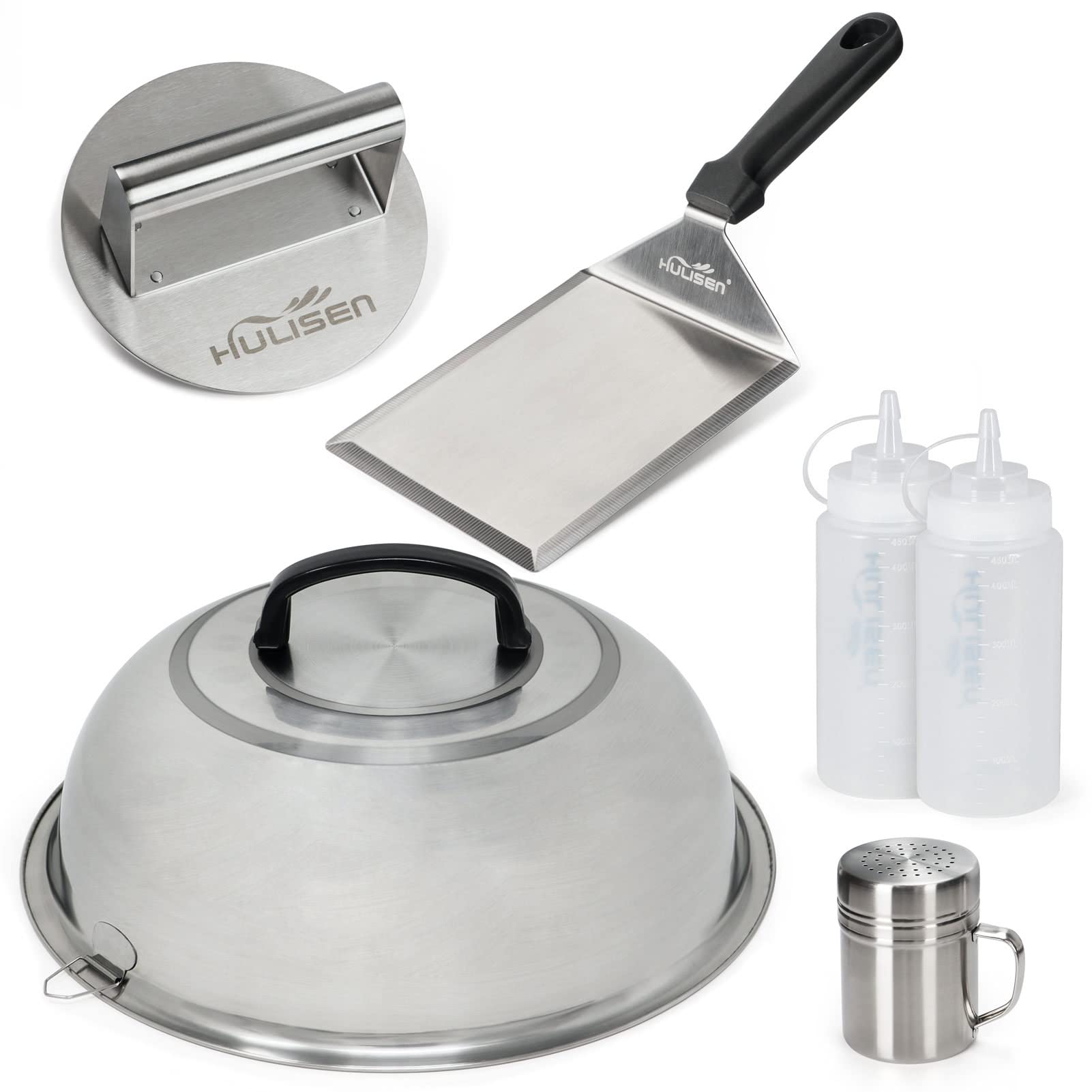 HULISEN Smashed Burger Kit, Burger Press, 12 Inch Basting Cover, Grill Spatula, Spice Dredge Shaker and 2 Squeeze Bottles - Griddle Accessories Kit