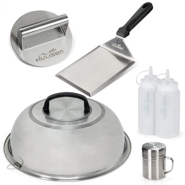 HULISEN Smashed Burger Kit, Burger Press, 12 Inch Basting Cover, Grill Spatula, Spice Dredge Shaker and 2 Squeeze Bottles - Griddle Accessories Kit