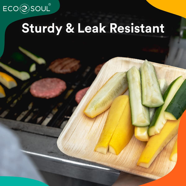 ECO SOUL 100 Disposable Palm Leaf Plates 10(25cm) Square Large Bamboo Plate I Eco Friendly, Biodegradable, Compostable Heavy-Duty Plate, Wooden