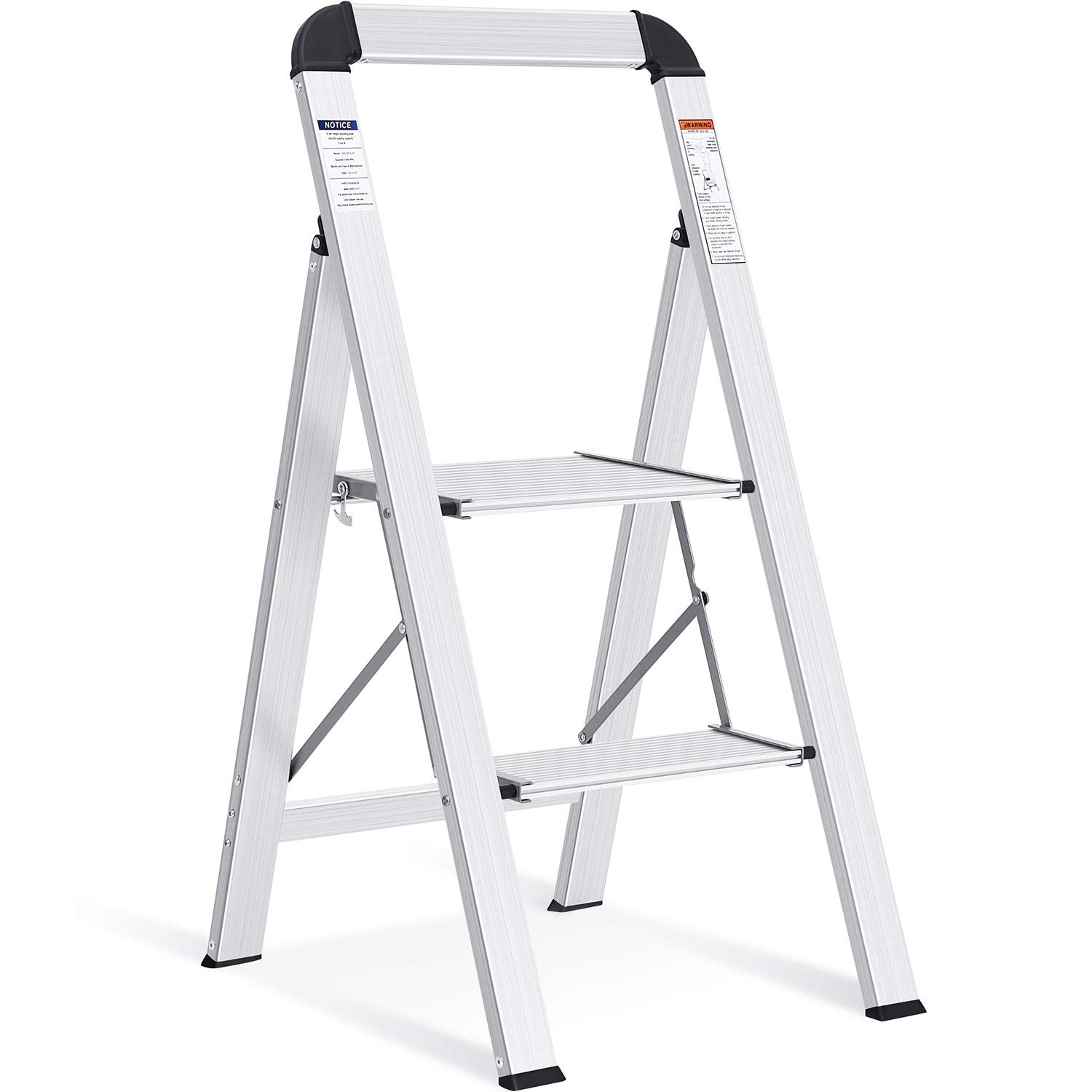 KINGRACK 2 Step Ladder with Handrail, Non-Slip Household Ladder with Folding Safety, Aluminium Folding Step Stool, Maximum Load 150 kg, Black