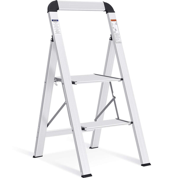 KINGRACK 2 Step Ladder with Handrail, Non-Slip Household Ladder with Folding Safety, Aluminium Folding Step Stool, Maximum Load 150 kg, Black
