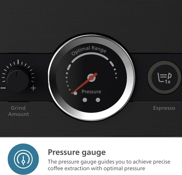 PHILIPS Barista Brew Semi Automatic Espresso Machine - Single & Double Espresso + Americano Button, 250g Bean Container, Intuitive Guidance, Calibrated Tamping, Metal Black (PSA3218/10)